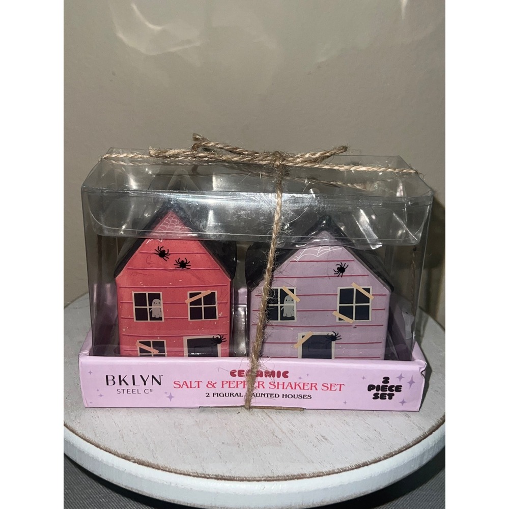 BKLYN Steel Co Ceramic Salt and Pepper Shaker Set Haunted House Halloween Pink